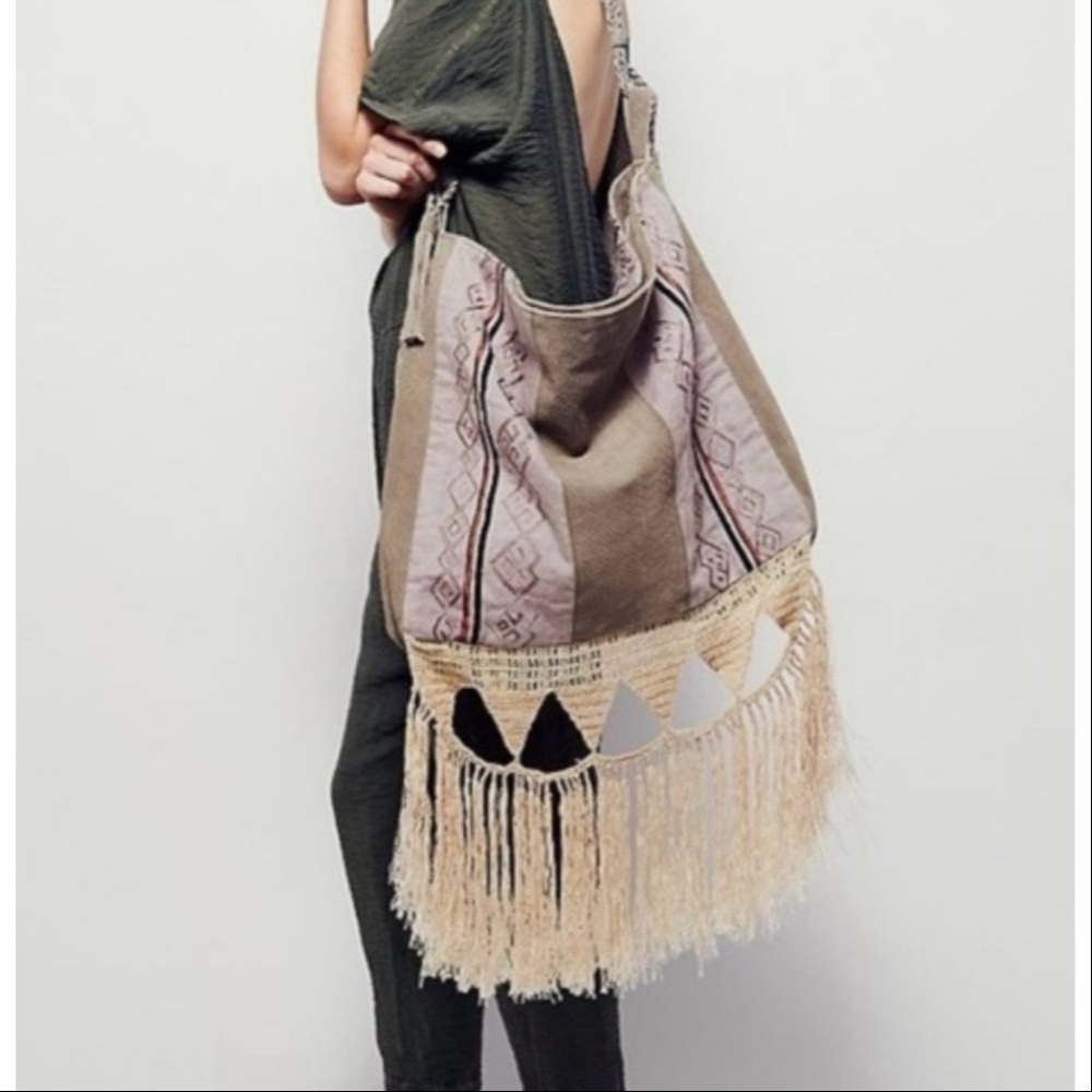 Free People Light My Fire Tote Fringe Macramé Crochet Boho Suede Oversized Bag